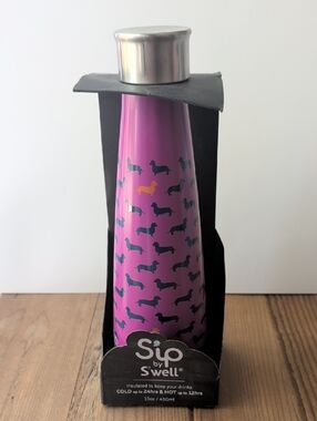 S'well Purple Water Bottle with Navy Dachshund Pattern and Yellow Accent